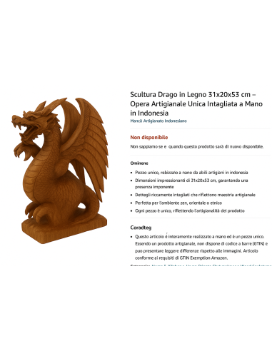 Scultura Drago in Legno 31x20x53 cm – Intaglio...