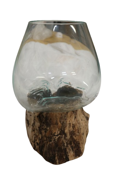 Vaso decorativo in vetro soffiato su radice Kamal Wood – Pezzo unico