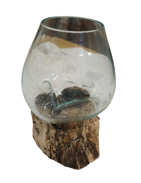 Vaso decorativo in vetro soffiato su radice Kamal Wood – Pezzo unico