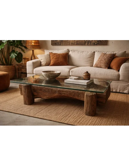 Tavolo da Fumo Unico in Teak Indonesiano Antico con Piano in Vetro