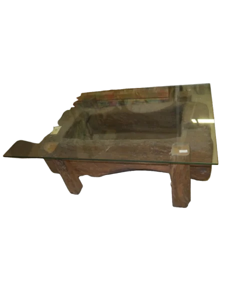 Tavolo da Fumo Unico in Teak Indonesiano Antico con Piano in Vetro