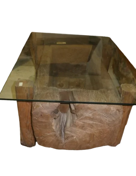 Tavolo da Fumo Unico in Teak Indonesiano Antico con Piano in Vetro