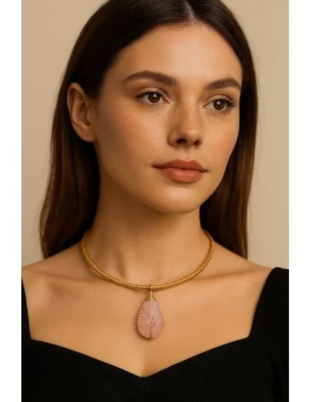 Collana AUREA – Pendente Albero della Vita in Quarzo Rosa e Capim Dourado Voganto