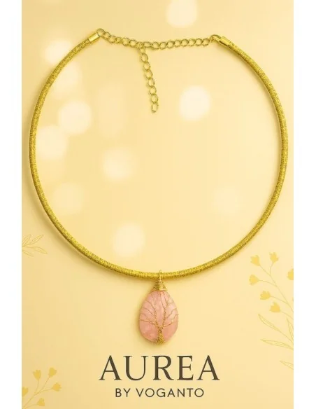 Collana AUREA – Pendente Albero della Vita in Quarzo Rosa e Capim Dourado Voganto