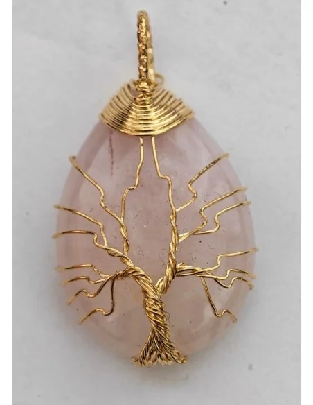 Ciondolo Albero della Vita in Quarzo Rosa – Pietra Naturale con Filo Dorato Anallergico | Fatto a Mano