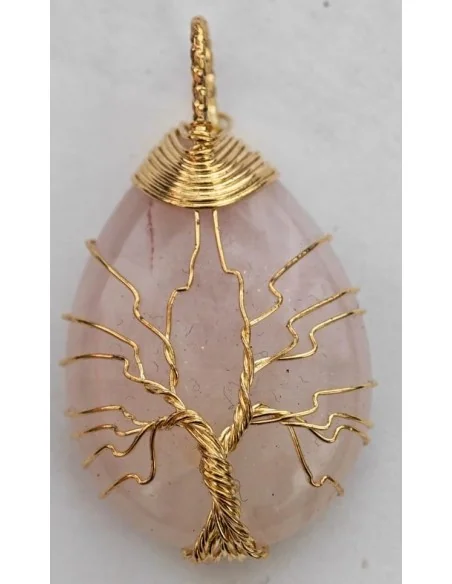 Ciondolo Albero della Vita in Quarzo Rosa – Pietra Naturale con Filo Dorato Anallergico | Fatto a Mano