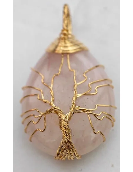 Ciondolo Albero della Vita in Quarzo Rosa – Pietra Naturale con Filo Dorato Anallergico | Fatto a Mano
