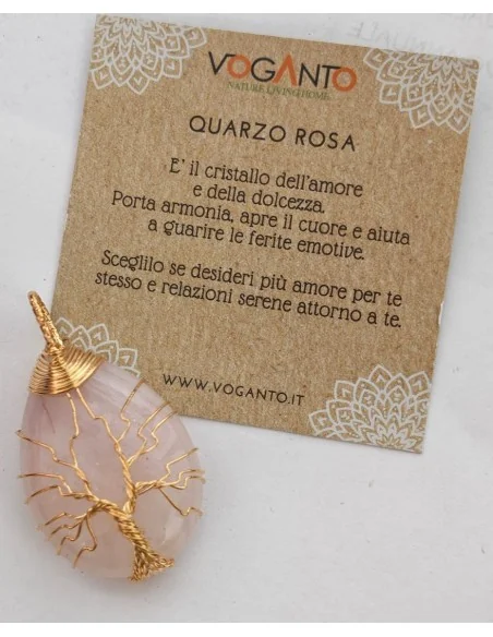 Ciondolo Albero della Vita in Quarzo Rosa – Pietra Naturale con Filo Dorato Anallergico | Fatto a Mano