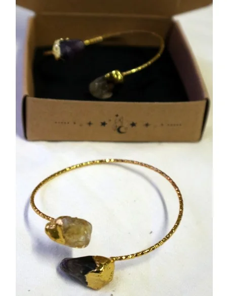 ✨ Bracciale Artigianale in Acciaio con Bagno Galvanico in Oro, Ametista e Citrino Grezzi ✨