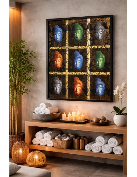 Quadro Buddha Pop Art Dorato – Opera Artigianale Indonesiana per Spa, Yoga e Ambienti Wellness