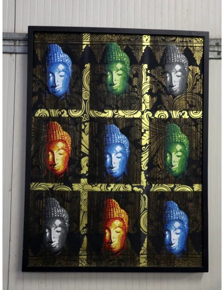 Quadro Buddha Pop Art Dorato – Opera Artigianale Indonesiana per Spa, Yoga e Ambienti Wellness