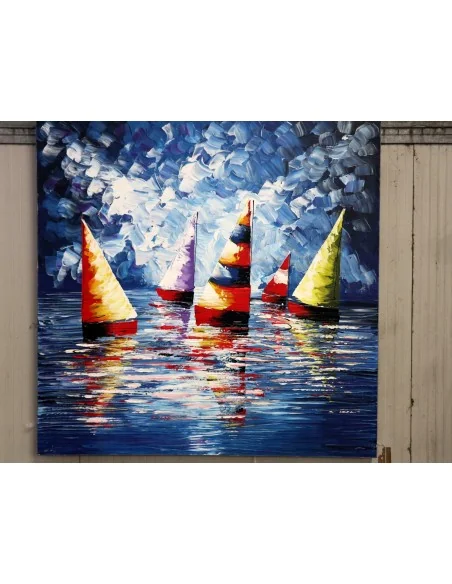 Quadro Vele Colorate su Mare – Dipinto a Mano in Acrilico, Arte Indonesiana per Case Moderne e Ambienti Coastal