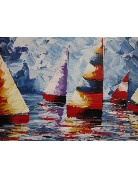 Quadro Vele Colorate su Mare – Dipinto a Mano in Acrilico, Arte Indonesiana per Case Moderne e Ambienti Coastal