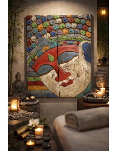 Quadro Scultura Buddha in Legno Scolpito e...