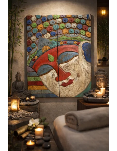 Quadro Scultura Buddha in Legno Scolpito e Dipinto a Mano 60x81 cm – Pannello Artistico Indonesiano Zen Spa