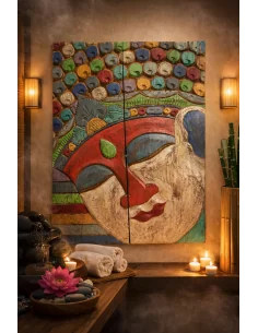 Quadro Scultura Buddha in Legno Scolpito e Dipinto a Mano... 2