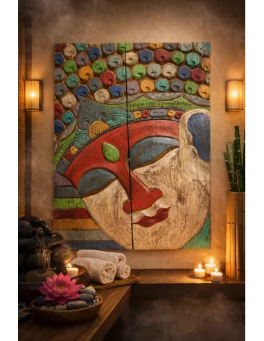 Quadro Scultura Buddha in Legno Scolpito e...