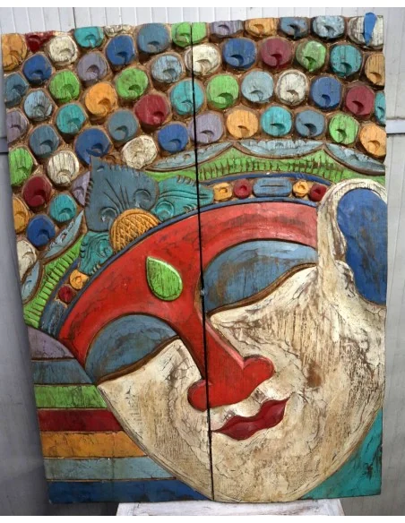 Quadro Scultura Buddha in Legno Scolpito e Dipinto a Mano 60x81 cm – Pannello Artistico Indonesiano Zen Spa