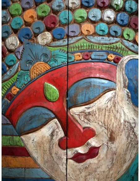 Quadro Scultura Buddha in Legno Scolpito e Dipinto a Mano 60x81 cm – Pannello Artistico Indonesiano Zen Spa