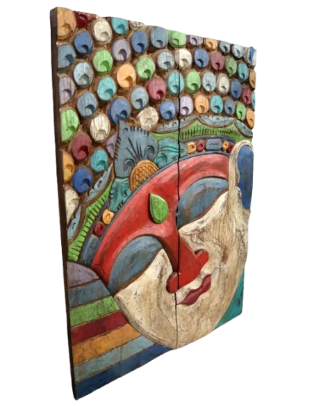 Quadro Scultura Buddha in Legno Scolpito e Dipinto a Mano 60x81 cm – Pannello Artistico Indonesiano Zen Spa