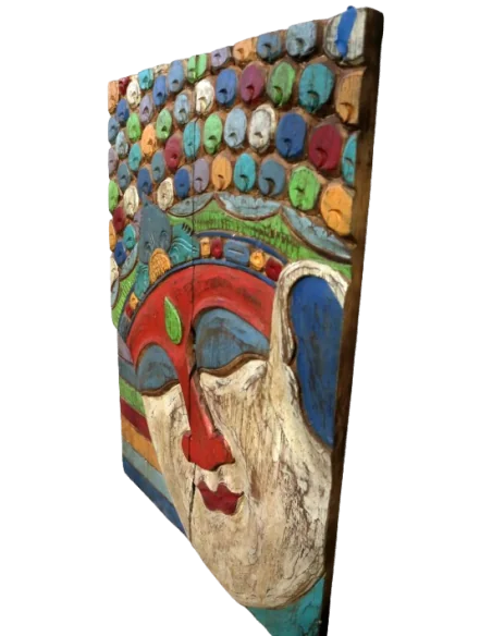 Quadro Scultura Buddha in Legno Scolpito e Dipinto a Mano 60x81 cm – Pannello Artistico Indonesiano Zen Spa