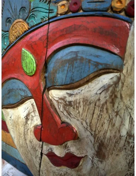 Quadro Scultura Buddha in Legno Scolpito e Dipinto a Mano 60x81 cm – Pannello Artistico Indonesiano Zen Spa