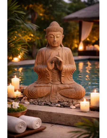 Scultura Buddha Scolpito a Mano in Legno Suar Colorato – Arte Indonesiana cm 43x22x62h