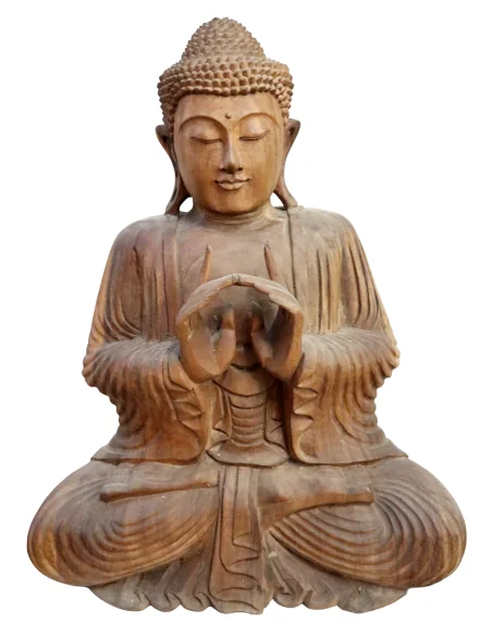 Scultura Buddha Scolpito a Mano in Legno Suar Colorato – Arte Indonesiana cm 43x22x62h