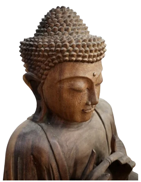 Scultura Buddha Scolpito a Mano in Legno Suar Colorato – Arte Indonesiana cm 43x22x62h