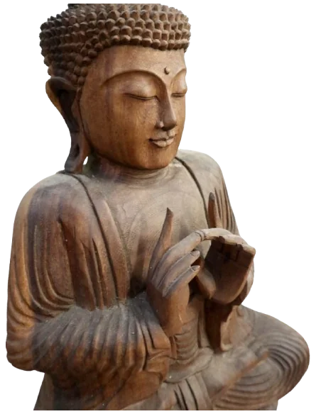 Scultura Buddha Scolpito a Mano in Legno Suar Colorato – Arte Indonesiana cm 43x22x62h