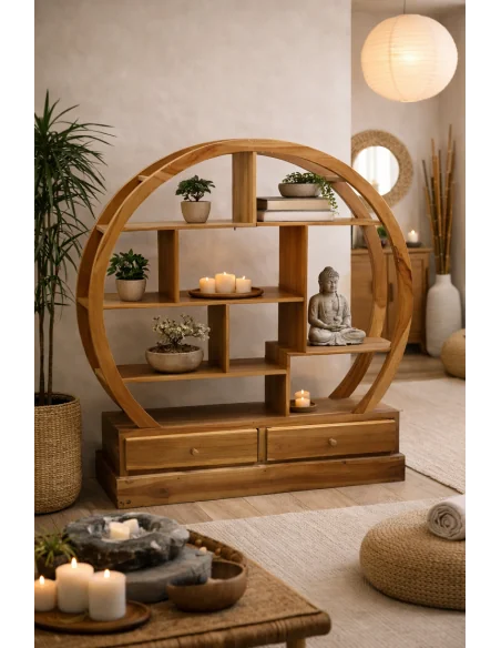 Mobile Tondo in Legno di Teak – Design Etnico con Cassetti – cm 100x27x110h