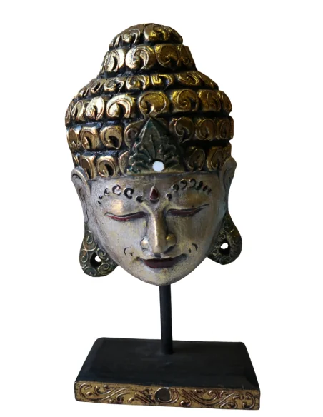 Testa di Buddha in Legno Albesia 30 cm – Scultura Artigianale Indiana Dipinta a Mano – Decorazione Zen Oro Anticato