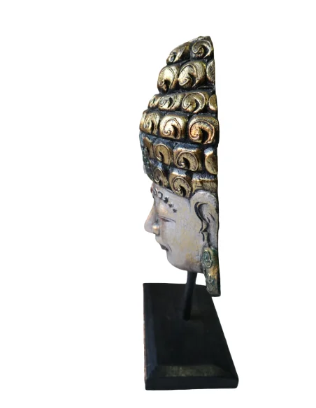Testa di Buddha in Legno Albesia 30 cm – Scultura Artigianale Indiana Dipinta a Mano – Decorazione Zen Oro Anticato