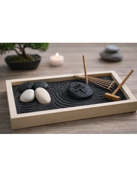 Giardino Zen da Tavolo 25x13 cm – Base in Pietra – Mini Giardino Giapponese Artigianale Indonesiano