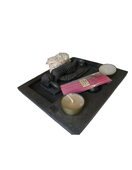Giardino Zen con Buddha Sdraiato in Pietra – Base Artigianale 22x16 cm – Sabbia Nera, Candele e Incenso
