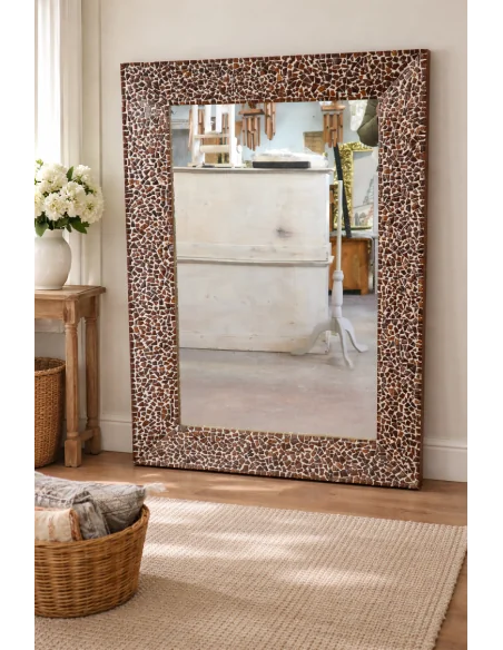 Specchio Artigianale in Resina e Guscio di Cocco 120x80 cm – Cornice a V Fatta a Mano in Indonesia