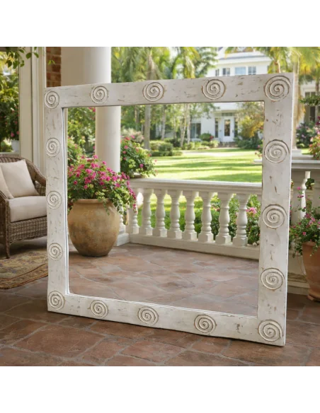 Specchio Artigianale Spirali Bali 100x100 cm – Cornice Intagliata in Legno di Durian – Fatto a Mano in Indonesia