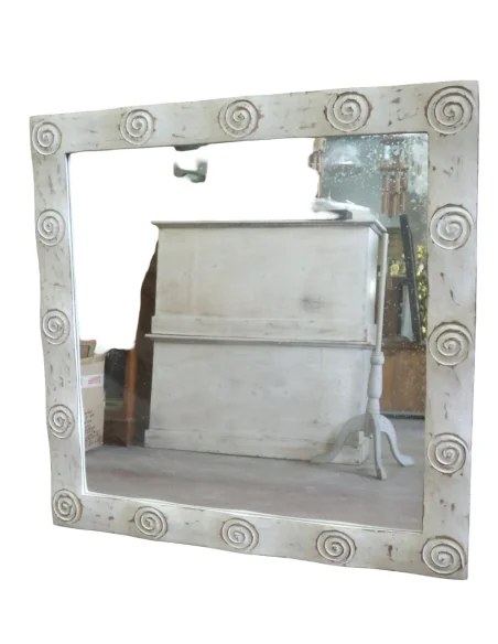Specchio Artigianale Spirali Bali 100x100 cm – Cornice Intagliata in Legno di Durian – Fatto a Mano in Indonesia