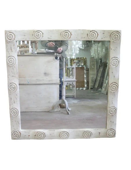 Specchio Artigianale Spirali Bali 100x100 cm – Cornice Intagliata in Legno di Durian – Fatto a Mano in Indonesia