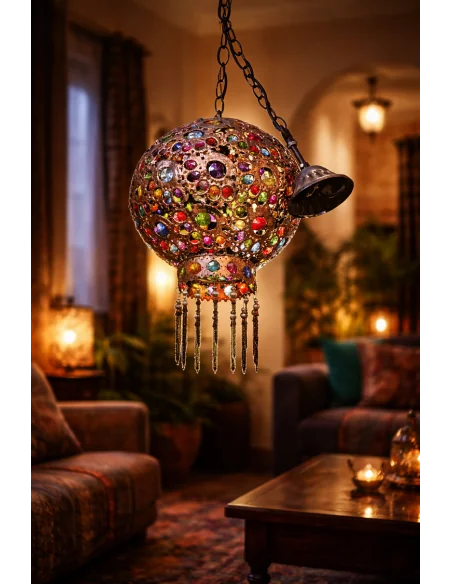 Lampadario Sospensione in Metallo Brunito e Resine Colorate Ø30 cm – Stile Boho Orientale – NOVITÀ HOME Firenze