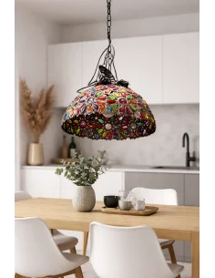 Lampadario Artistico in Metallo Brunito e Resina Colorata...