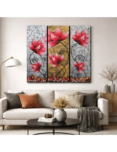 🌺 Quadro Moderno 3 Tele “Red Lotus Harmony” 90x90 cm – Dipinto a Mano in Acrilico Materico su Tela – Arte Indonesiana