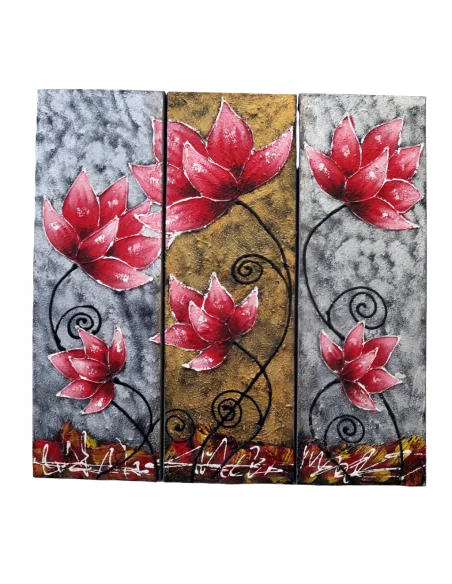 🌺 Quadro Moderno 3 Tele “Red Lotus Harmony” 90x90 cm – Dipinto a Mano in Acrilico Materico su Tela – Arte Indonesiana