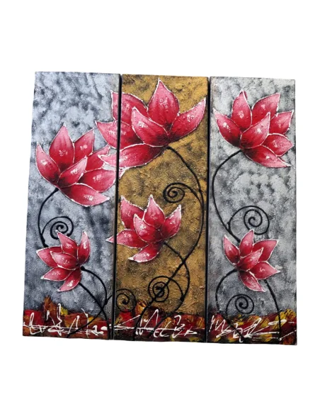 🌺 Quadro Moderno 3 Tele “Red Lotus Harmony” 90x90 cm – Dipinto a Mano in Acrilico Materico su Tela – Arte Indonesiana