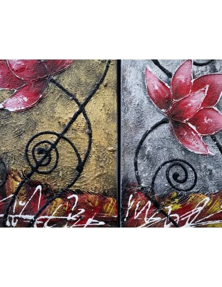 🌺 Quadro Moderno 3 Tele “Red Lotus Harmony” 90x90 cm – Dipinto a Mano in Acrilico Materico su Tela – Arte Indonesiana