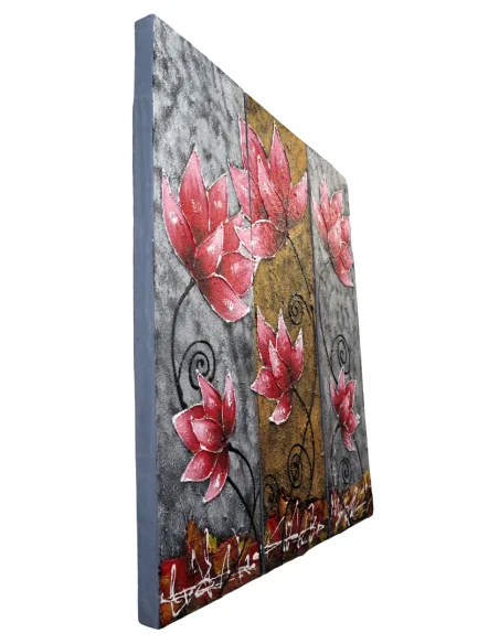🌺 Quadro Moderno 3 Tele “Red Lotus Harmony” 90x90 cm – Dipinto a Mano in Acrilico Materico su Tela – Arte Indonesiana