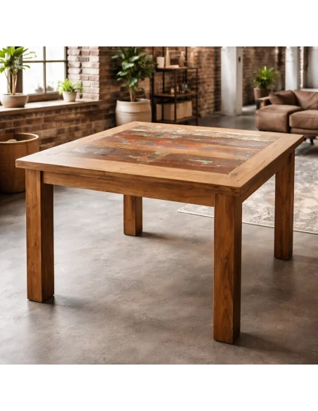 Tavolo Quadrato 100x100 cm in Legno Recuperato da Imbarcazioni – Stile Loft Industriale Artigianale