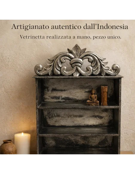 Vetrinetta Artigianale Indonesiana in Legno – Libreria Piccola Fatta a Mano 44x19x50 cm
