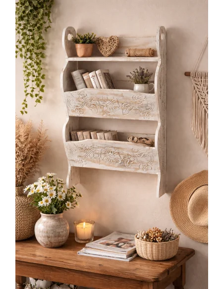 Portariviste in Legno di Albesia Intagliato a Mano – Stile Shabby Chic | Appendibile | Artigianato Indonesiano 73 cm