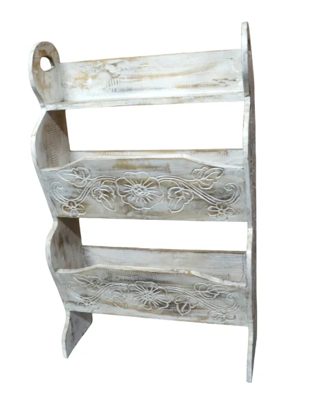 Portariviste in Legno di Albesia Intagliato a Mano – Stile Shabby Chic | Appendibile | Artigianato Indonesiano 73 cm